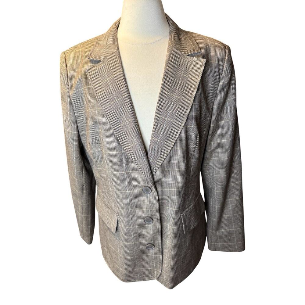 Vintage JG Hook Wool Blend Glen Plaid Blazer Jacket Modern Size 14 Brown